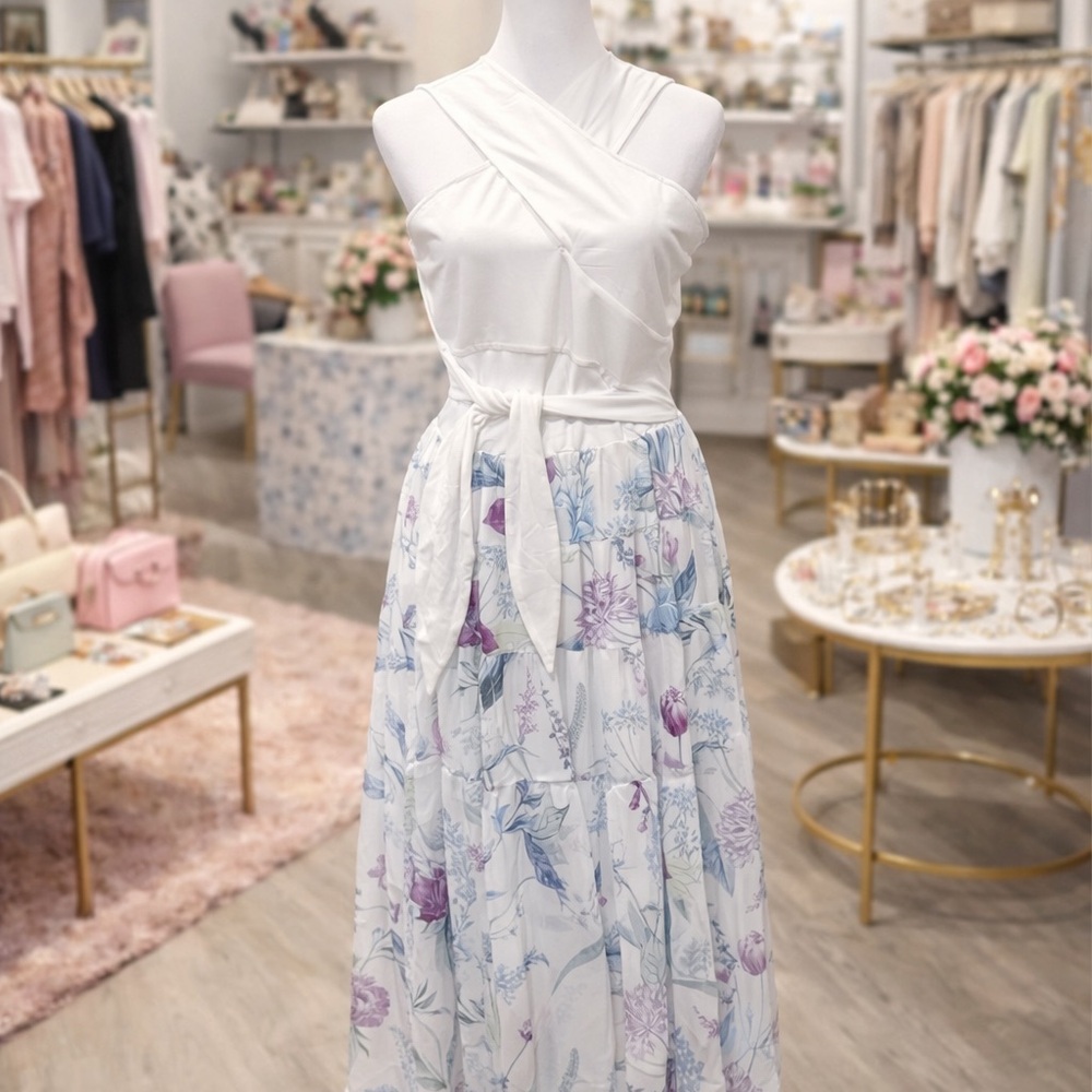 White Birch Floral Midi Dress Sleeveless Tie Waist Large Flowy Boutique NWOT